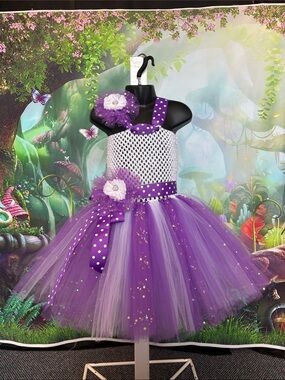 Purple/White Polka Dot Tutu Tulle Girls Dress